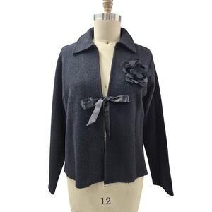 DONCASTER 100% Wool Black Tie Front Cardigan Sweater Flower Detail Sz XL NWOT